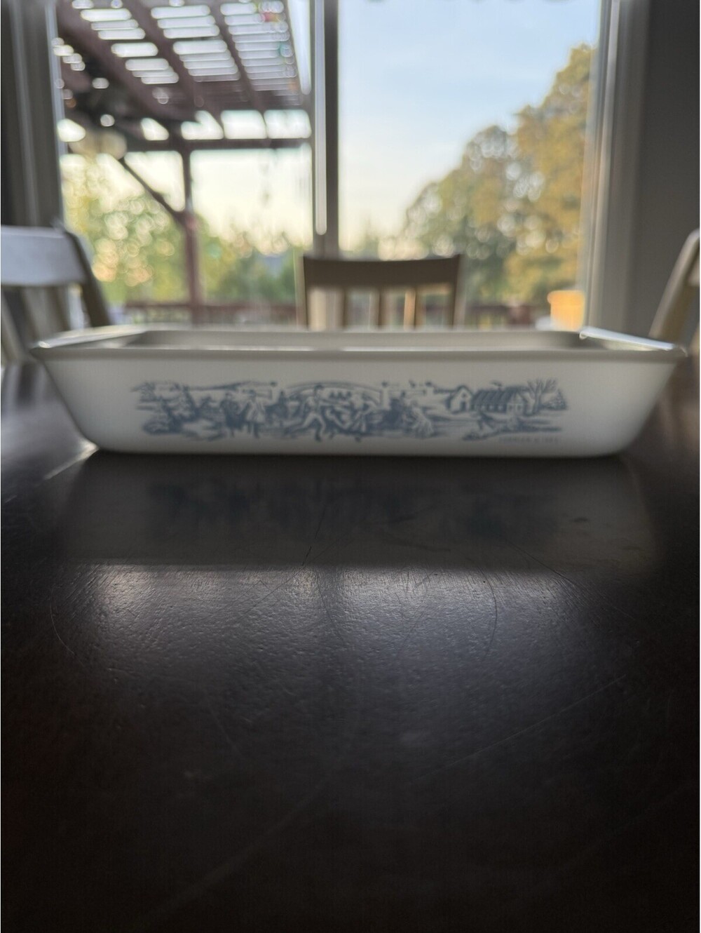 Glasbake Currier & Ives Baking Dish Blue Winter Farm Scene J-263 2.5 QT EUC